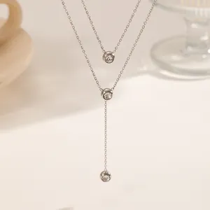 Double-layered silver titanium steel necklace with three sparkling clear crystals