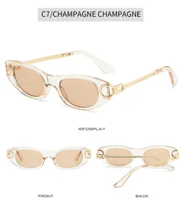 Trois vues de lunettes de soleil ovales champagne avec branches en métal doré ajouré
