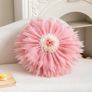 Princess style pink flower pillow cover with layered petals on a white sofa
