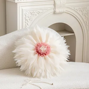 Round 3D flower throw pillow cover in white and pink gradient chiffon for home sofa
