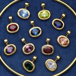 Birthstone Pendant Necklace Monthly Gemstone Round Hollow Zircon Copper Gold Plated Jewelry Accessory Women Fashion