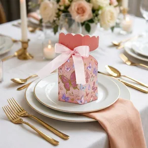 Pink butterfly gift box with silk ribbon and gold Thank You text for wedding favors