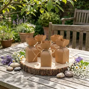 Petal-top kraft paper gift boxes with jute twine on a rustic wooden tray in a sunny garden