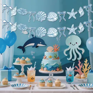 Sea world theme party banner featuring blue bows, shells and starfish decorations