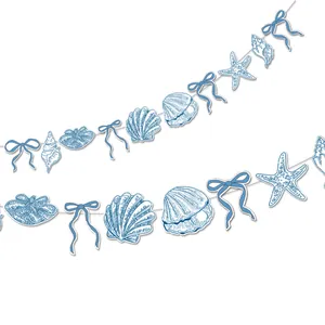 Ocean theme party banner with blue bows, seashells and starfish on white background