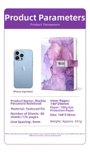 Detail specifications of purple marble A5 diary with code lock and iPhone size reference