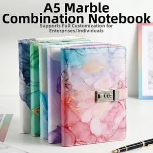 Detail of A5 marble textured notebook featuring a three-digit metal combination lock