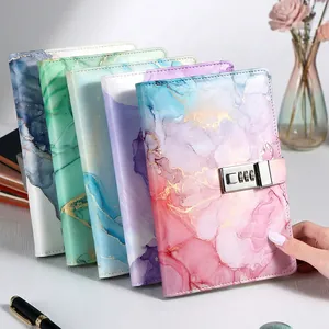 Detail of marble pattern notebooks with metal combination locks in various pastel colors