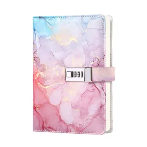 Pink and blue marble texture A5 notebook with a three-digit gold combination lock