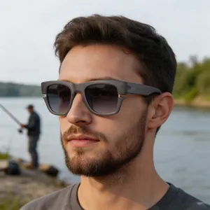 Lunettes de soleil polarisées gris mat pour hommes avec verres dégradés au bord d'un lac