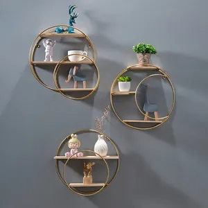 Nordic Wall Mounted Floating Shelves Geometric Metal Iron And Solid Wood No Drill Decorative Storage Rack For Living Room