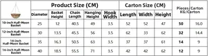 Detailed size specifications for hanging coco liner planters with metal iron frames