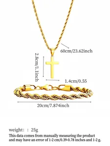 Vue détaillée de l'ensemble collier et bracelet croix dorés avec mesures de taille précises