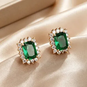 Vintage Copper Alloy Rectangular Emerald Green Rhinestone Stud Earrings For Women Palace Style Palace Gold Silver Plated Geometric Jewelry