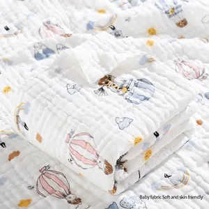 Baby Muslin Bath Towel Blanket Pure Cotton Gauze Soft Absorbent Breathable Newborn Swaddle Wrap Cartoon Print Infant Toddler Kids