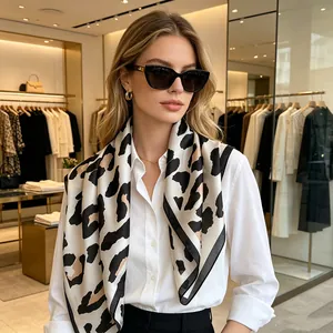 Women Leopard Print Square Scarf Satiny Satin Headscarf Fashion Animal Pattern Neckerchief Hair Band Decorative Scarf