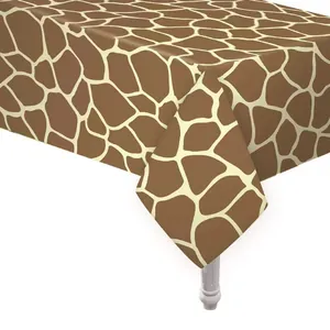 Close-up of waterproof PEVA rectangular tablecloth with brown giraffe print texture