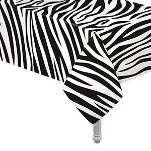 Detail of disposable PEVA tablecloth with black and white zebra stripes for party decor