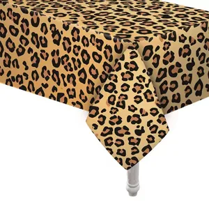 Detail showing high-quality animal leopard print disposable PEVA tablecloth with smooth drape