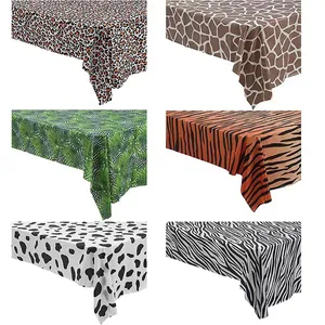 Waterproof PEVA rectangle tablecloth set featuring leopard, tiger, and zebra animal prints