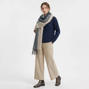 Women's autumn winter plaid color-block cashmere scarf with fringe and cozy texture