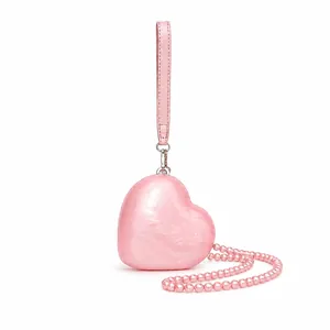Heart Shaped Pink Acrylic Evening Bag With Faux Artificial Pearl Chain Crossbody Shoulder Purse For Wedding Party Women Elegant