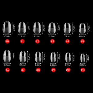 Size chart showing 12 dimensions from #0 to #11 for transparent almond fake nail tips