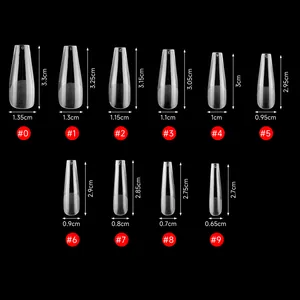 Detailed size chart showing 10 dimensions for transparent matte square almond fake nail tips