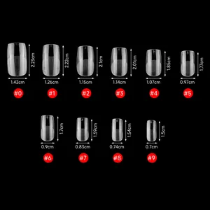 Size chart showing 10 dimensions for clear square press-on nail tips in a neat grid