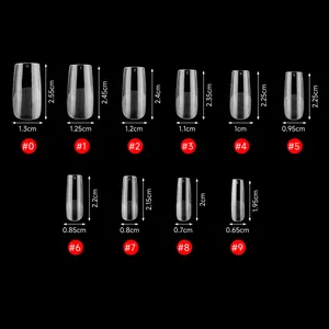 Size chart showing 10 sizes of transparent matte artificial nail tips in cm with dimensions