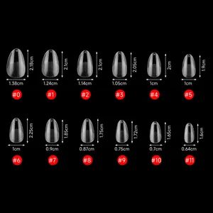 Size chart showing dimensions for 12 sizes of clear almond-shaped false nail tips