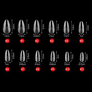 Detailed size chart showing 12 different dimensions for almond-shaped fake nail tips