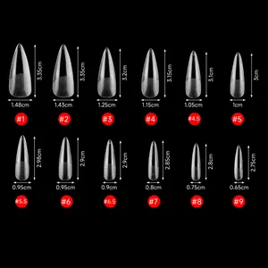 Detailed size chart for various press-on nail tips showing precise lengths and widths