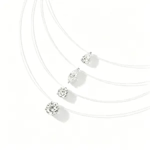 Collier invisible S925 en argent avec fil de pêche et pendentifs en zircon géométriques