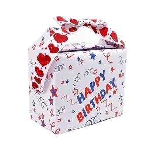 Foldable Happy Birthday gift box with hearts, stars and a bow handle on white background