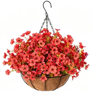 Detail of hanging basket featuring red artificial petunias and coconut coir liner