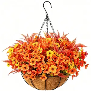 Close-up of artificial orange violet flowers in a coconut liner iron hanging basket