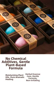 Macro shot of assorted colorful essential oil soaps in elegant gift box packaging