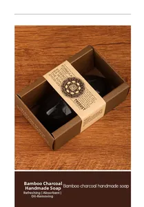 Detail of charcoal handmade soap in natural box showing oil control and cleansing features