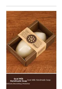 Detail of goat milk handmade soap in natural cardboard packaging on a wooden surface