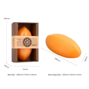 Orange handmade bar soap and kraft paper box with precise dimensional measurements