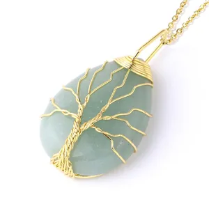 Gold wire wrapped green aventurine tree of life water drop pendant necklace for women