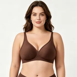 Seamless leopard print deep V-neck wireless bra with soft support in chocolate brown color