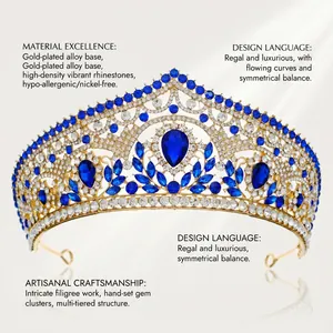 Close-up of gold filigree bridal crown with deep blue crystals and white rhinestones