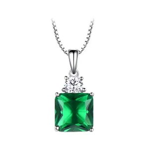 Elegant S925 sterling silver necklace featuring a square emerald-cut green gemstone pendant