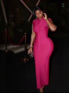 Women Sexy Bandage Bodycon Maxi Dress Mock Neck Sleeveless High Stretch Solid Color Formal Party Evening Banquet Dress