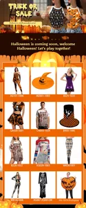 Detailed grid view showing various Halloween themed costumes and holiday party accessories