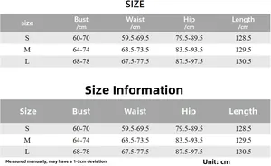 Size chart for strapless pleated maxi dress with bust, waist, and hip measurements