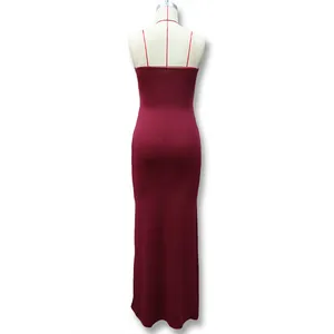 Detail showing burgundy bodycon knit maxi dress back view with thin spaghetti straps