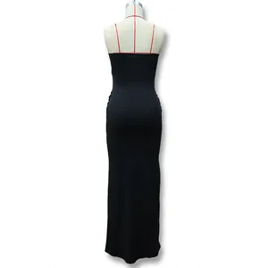 Detailed back view of a slim-fit black sleeveless maxi dress with elegant floor-length hem